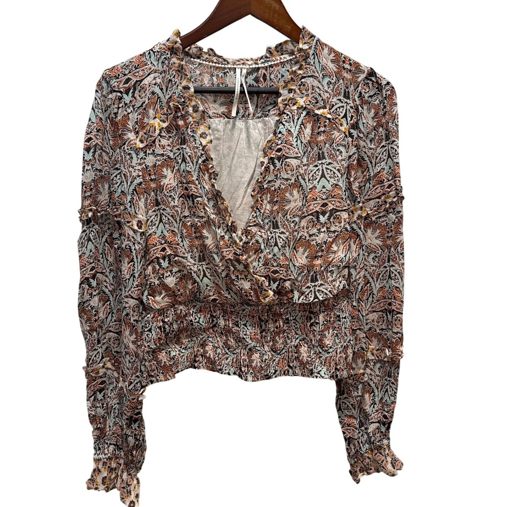 Anthropologie‎ Paisley Floral Smocked Waist V-Neck Cropped Blouse Small